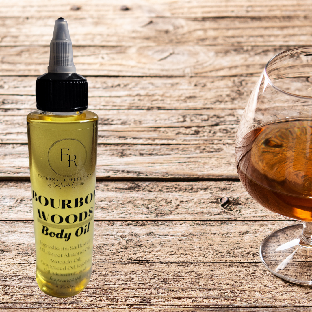 External Reflections Bourbon Woods body oil bottle in warm woodsy scent.