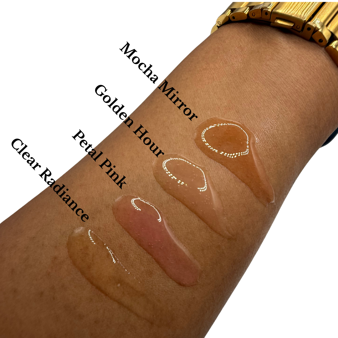 Arm swatches of External Reflections Mirror Gloss shades — Clear Radiance, Petal Pink, Golden Hour, and Mocha Mirror — labeled on the skin to show color and shine.
