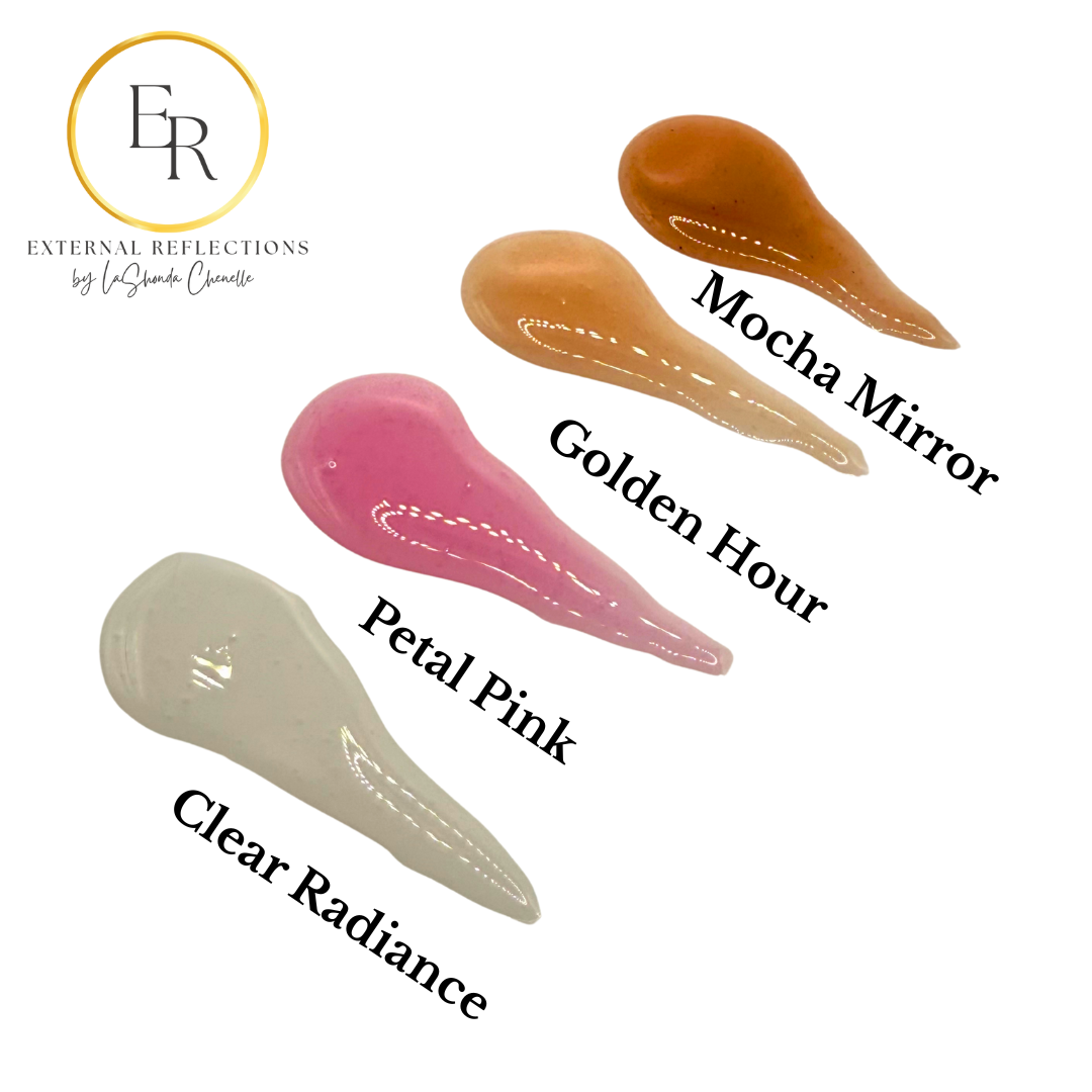 Mirror Gloss color swatches — Clear Radiance, Petal Pink, Golden Hour, and Mocha Mirror by External Reflections.