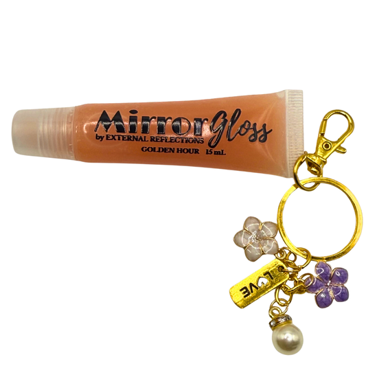 Golden Hour Mirror Gloss by External Reflections — caramel-toned vegan lip gloss with affirmation charm keychain.