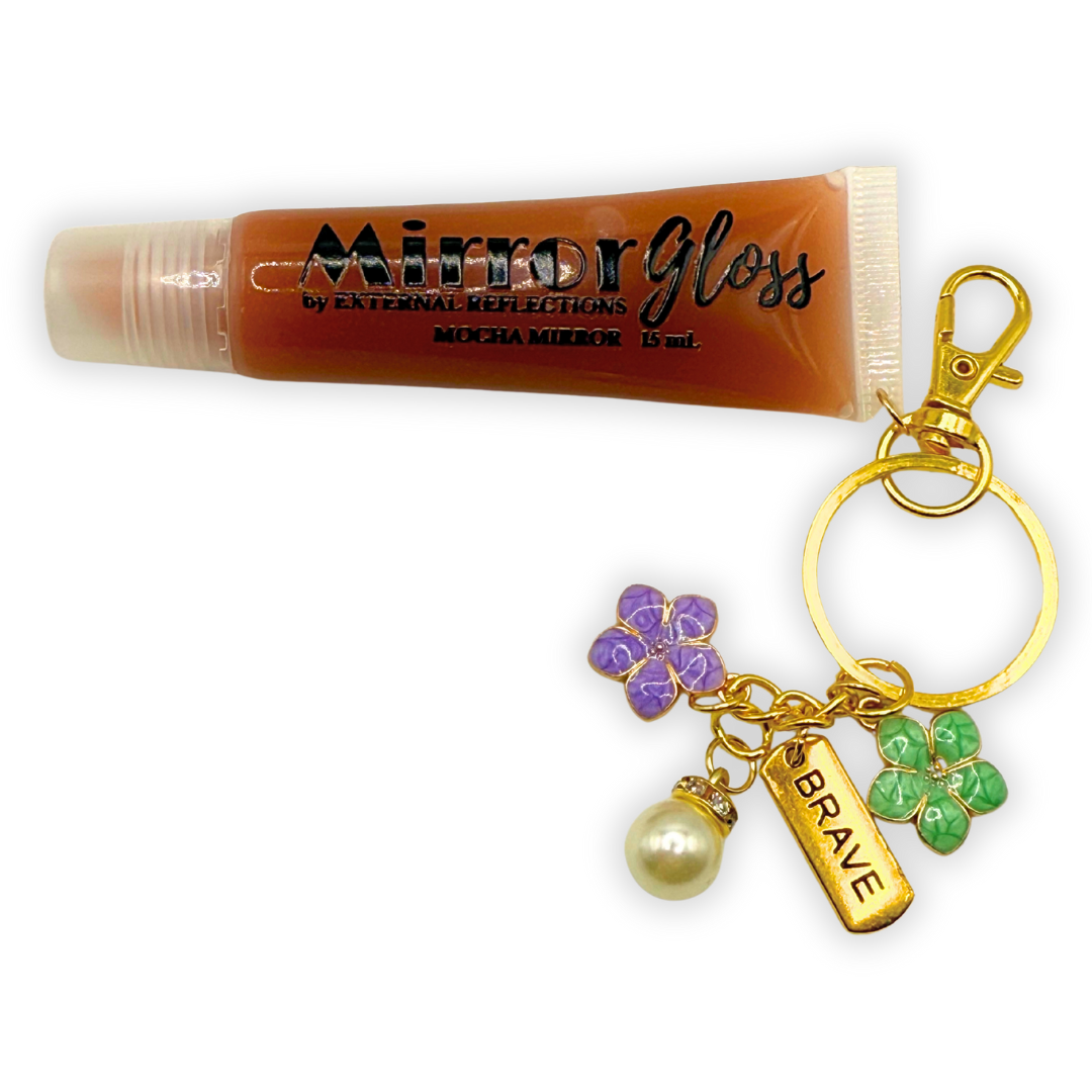 Mocha Mirror Mirror Gloss by External Reflections — cocoa-scented brown vegan lip gloss with gold charm keychain