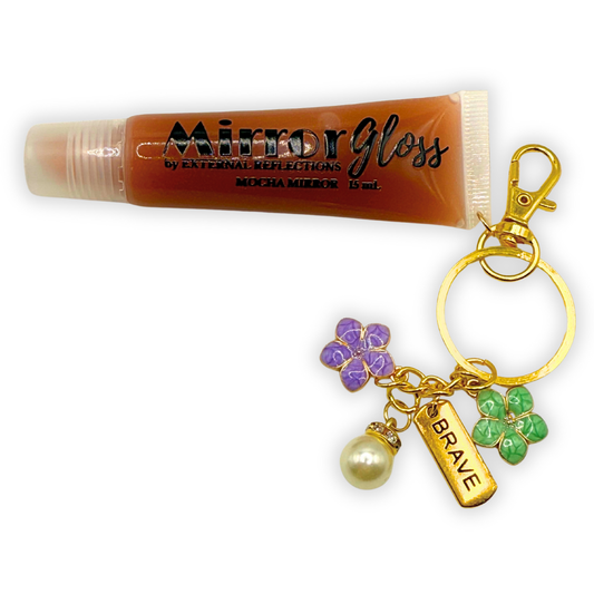 Mocha Mirror Mirror Gloss by External Reflections — cocoa-scented brown vegan lip gloss with gold charm keychain