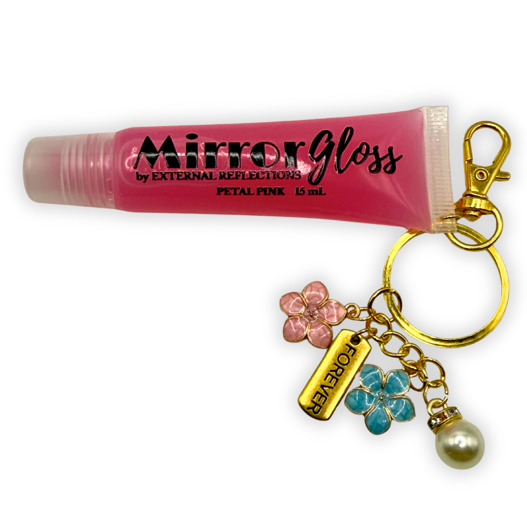 Petal Pink Mirror Gloss by External Reflections — rose-scented pink vegan lip gloss with handcrafted floral charm.