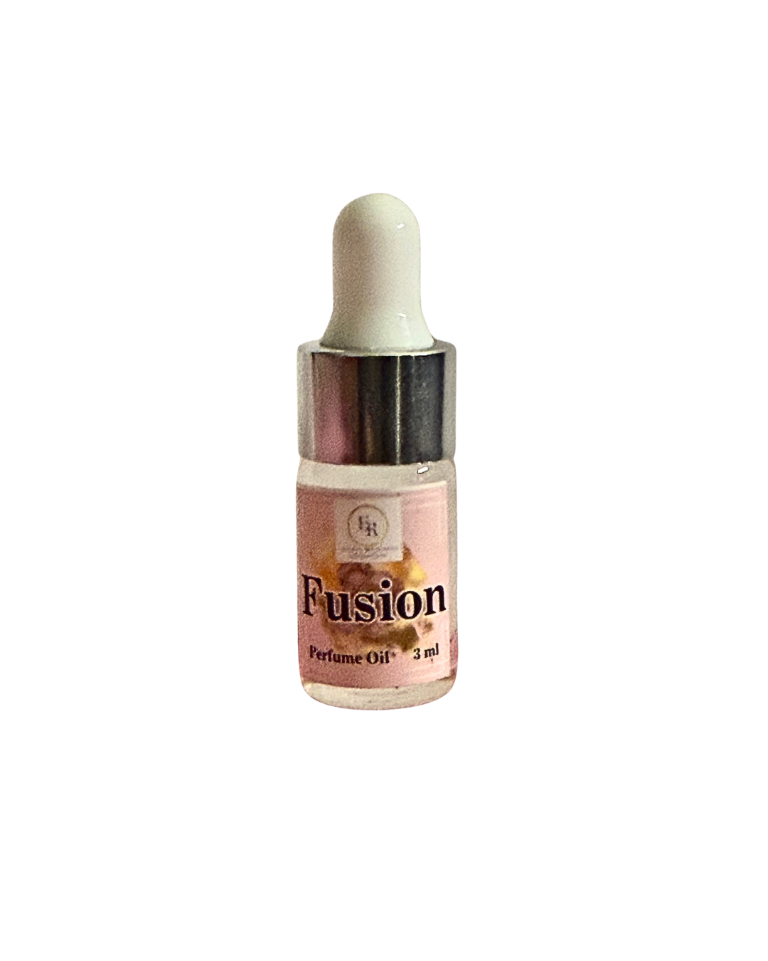 Close up of External Reflections trial size Fusion perfume oil dropper bottle showing label.