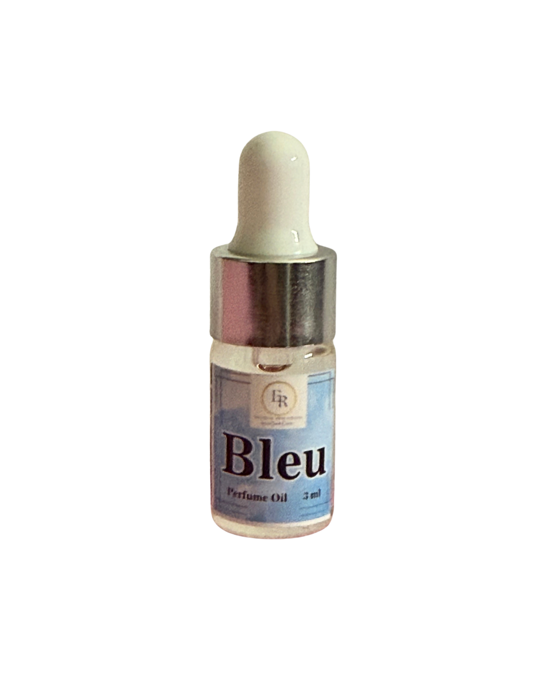 Close up of External Reflections trial size Bleu perfume oil dropper bottle showing label.