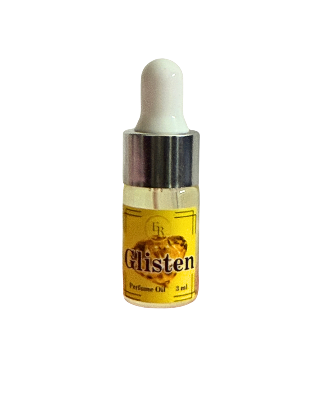 Close up of External Reflections trial size Glisten perfume oil dropper bottle showing label.