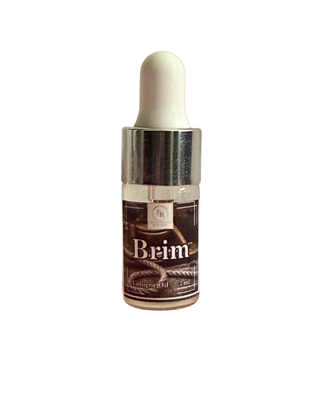 Close up of External Reflections trial size Brim cologne oil dropper bottle showing label.
