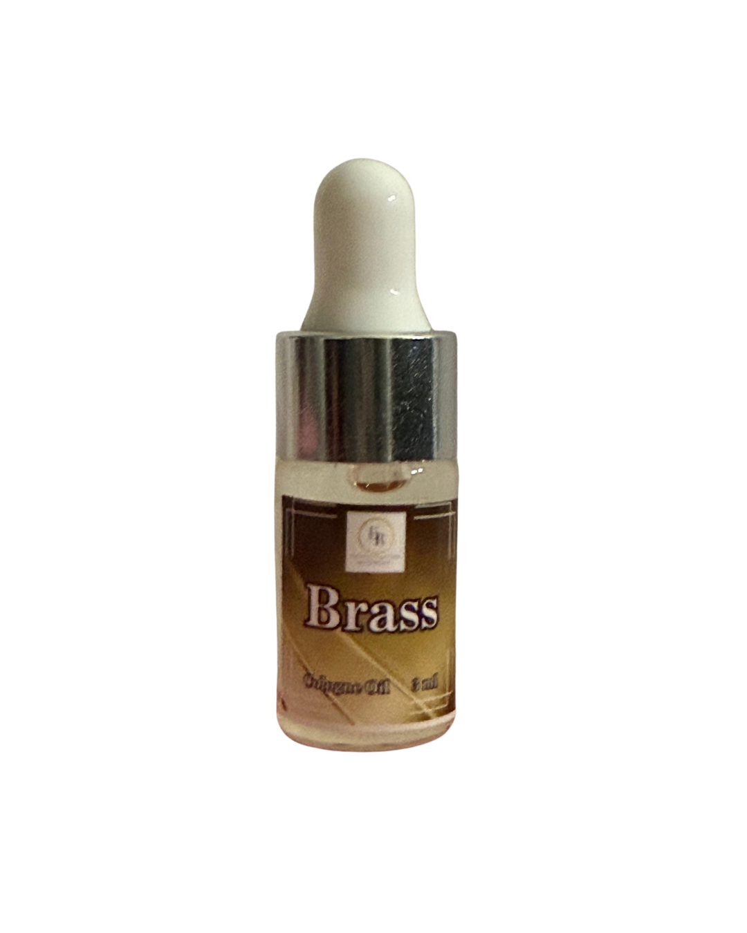 Close up of External Reflections trial size Brass cologne oil dropper bottle showing label.