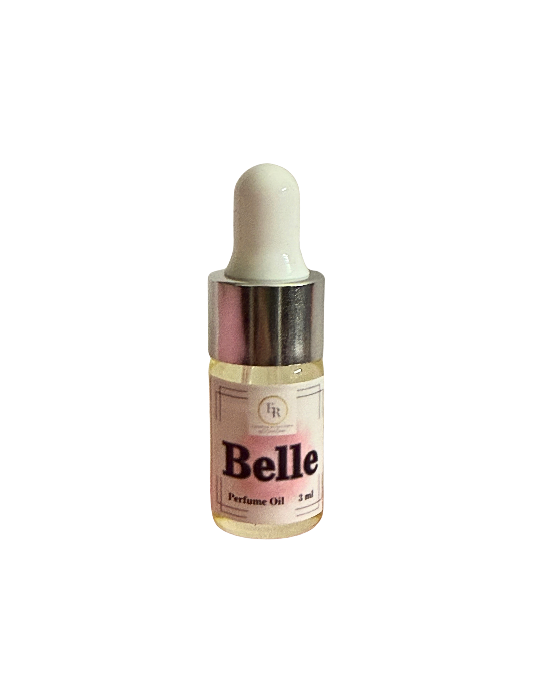Close up of External Reflections trial size Belle perfume oil dropper bottle showing label.